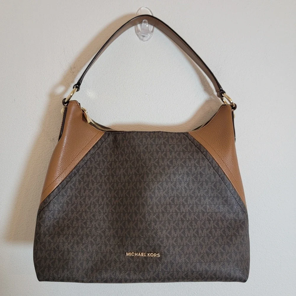 Michael Kors‎ Aria Large Brown Monogram Logo Large Hobo Shoulder Bag Leather